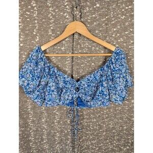NWT Wild Fable Keyhole Floral Blue Crop Top Puff‎ Sleeve Women's Medium